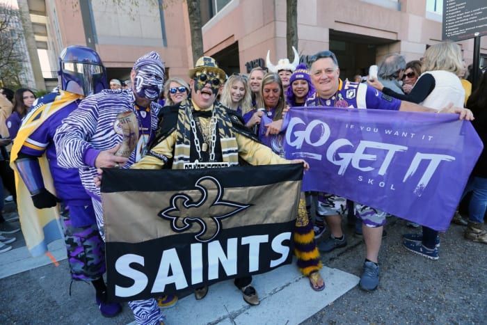 Jan 5, 2020; New Orleans, Louisiana, USA; Fans react outside the Mercedes-Benz Superdome before a NFC Wild Card playoff football game between the New Orleans Saints and the Minnesota Vikings. Mandatory Credit: Chuck Cook -USA TODAY Sports